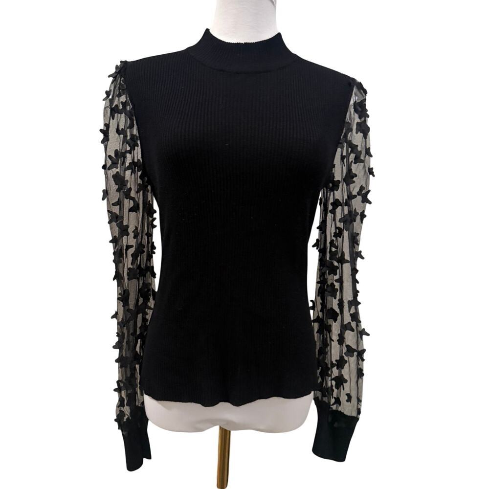 Madden Girl Black Mock Neck Mesh 3D Butterfly Puff Sleeve Whimsigoth Large Fairy